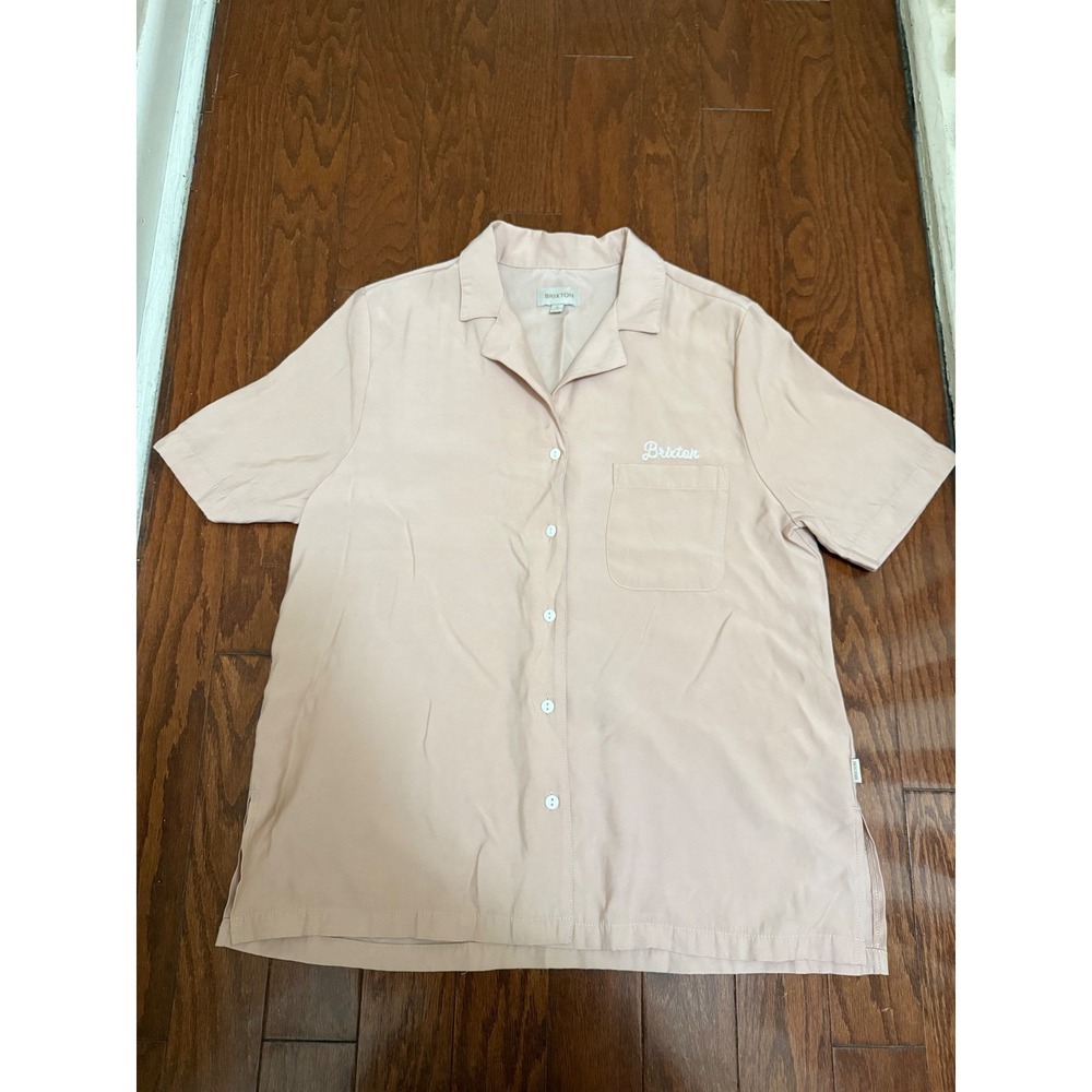 Brixton Mens Short Sleeve Button Down Shirt Peach Pink Camp Collar Small